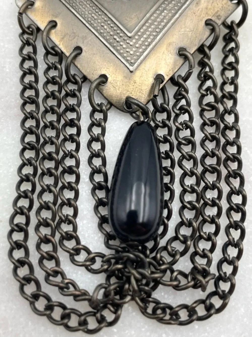 Vintage 80s Art Deco Revival Black Cabochon Antiqued Silver Chain Fringe Brooch